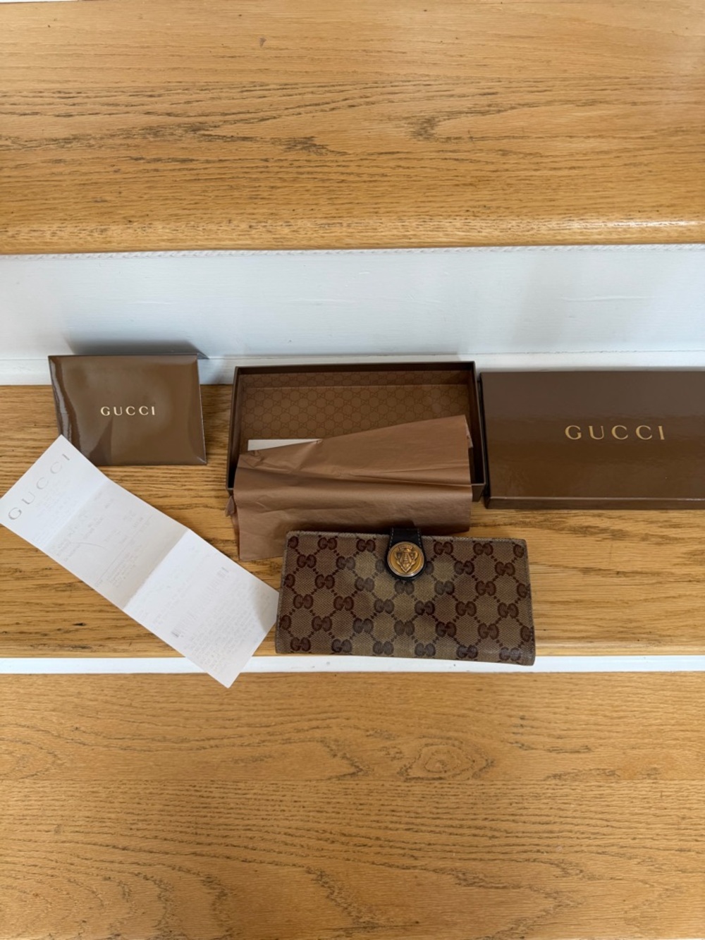 Gucci GG Supreme Canvas Continental Wallet in Brown and Tan shinny w receipt